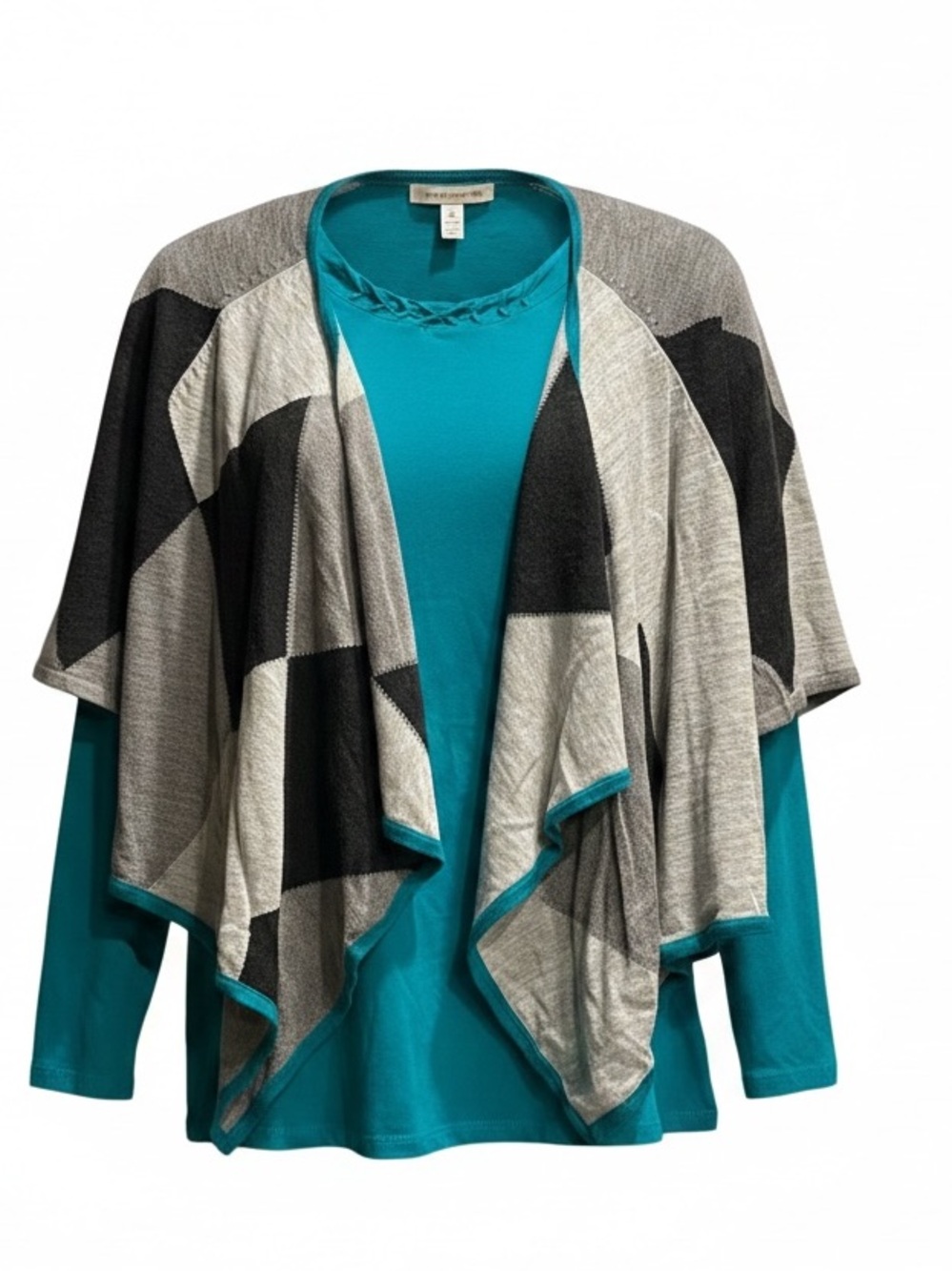 Madison Hill Teal Top with Gray and Black Geometric Draped Cardigan Size M EUC